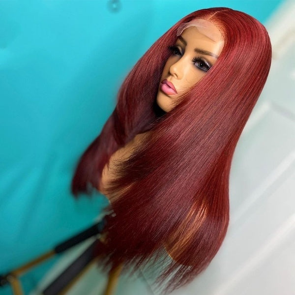 Burgundy Color Human Remy Hair Straight 13x6 Transparent Lace Front Wig Blunt Cut Ombre Color