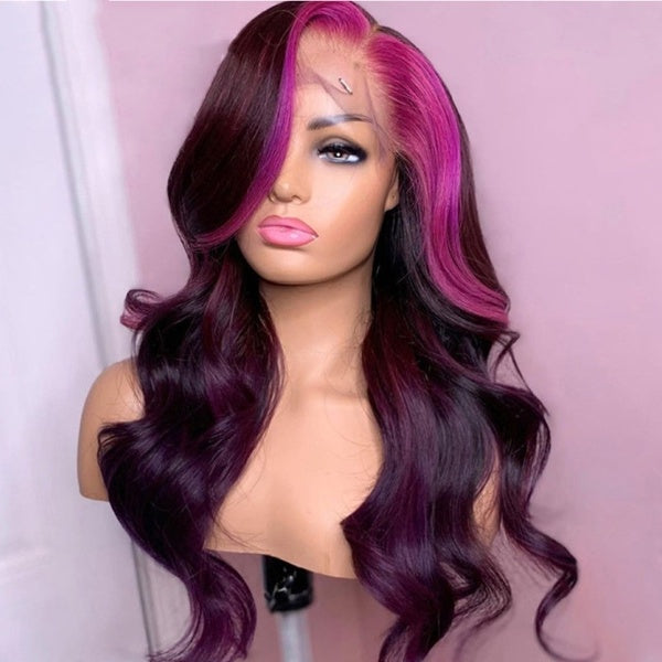 Wig Pink Purple Colored Body Wave Lace Front Wig Peruvian Virgin Human Hair Wigs 13x4 Lace Frontal Purple Wig