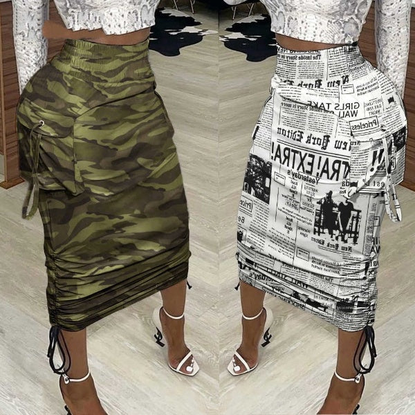 Mid Calf Women Skirts Print Camouflage Newspaper Sheath Skirt