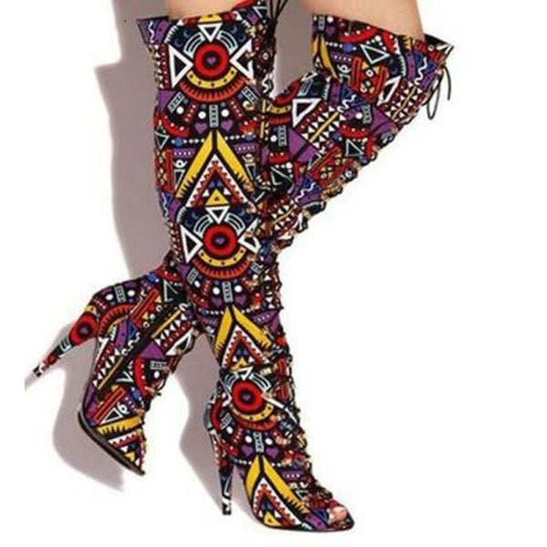 Runway Mixed Color Women Over The Knee Peep Toe Boots
