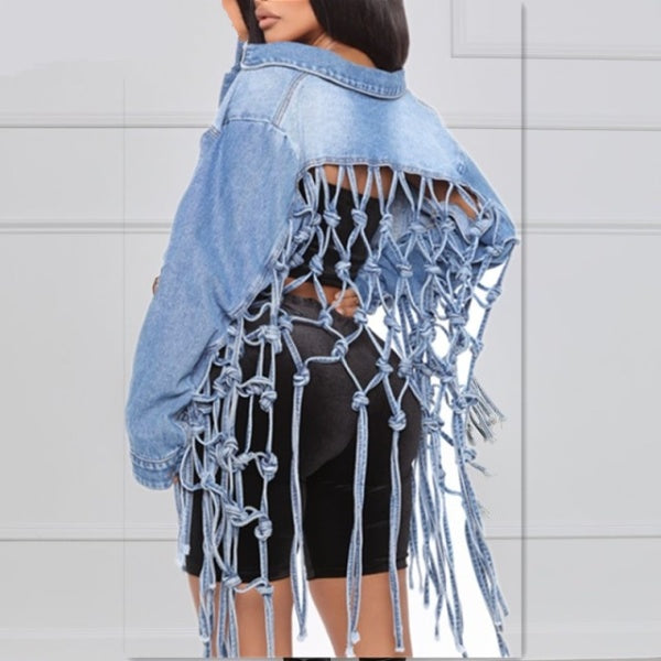 Fit Crop Tops Back Grid Tassel Design Long Sleeve Jean outerwear plus size avail