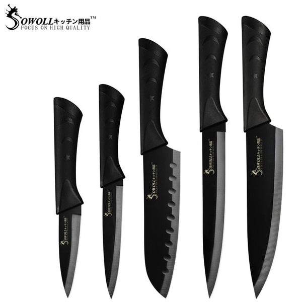 Sowoll Stainless Steel Kitchen Knives 6 Piece Set Sharp Black Blade ABS+TPR Handle Knife Meat Fish Fruit Cooking Accessories - Divine Diva Beauty