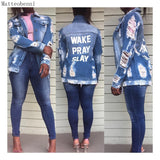 Frayed Ripped Long Denim Jacket outerwear plus size avail - Divine Diva Beauty