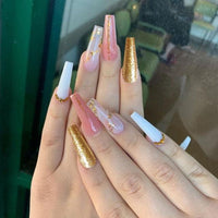 24pcs Long Coffin False Nails Wearable Ballerina Fake Nails Orange gradient gold foil nails Full Cover Nail Tips Press On Nails - Divine Diva Beauty