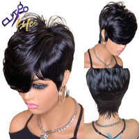 Short Bob Wavy Wig With Bangs Full Machine No Lace Wigs Brazilian Remy Straight Human Hair Pixie Cut Wig - Divine Diva Beauty