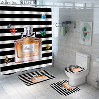 4 Pieces Black White Stripes Shower Curtains Sets With Carpet Toilet Mat 3D Print Perfume Bathroom Shower Curtain Bathroom Decor - Divine Diva Beauty