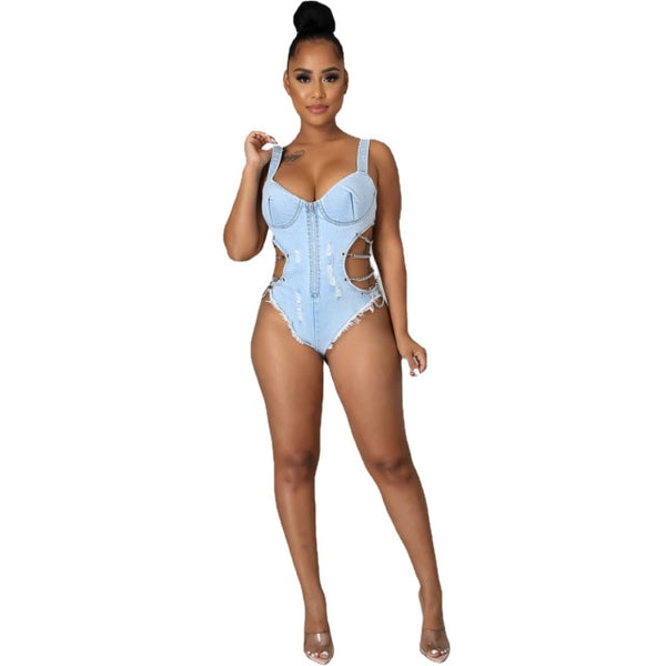 Swimsuit Denim Solid Sleeveless Chain Hollow Out Zipper Stretchy Bodysuits swimwear plus size avail - Divine Diva Beauty