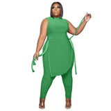 Plus Size avail Two Piece Outfits Sleeveless Round Neck Bandage Crop Tops Pants Sets - Divine Diva Beauty