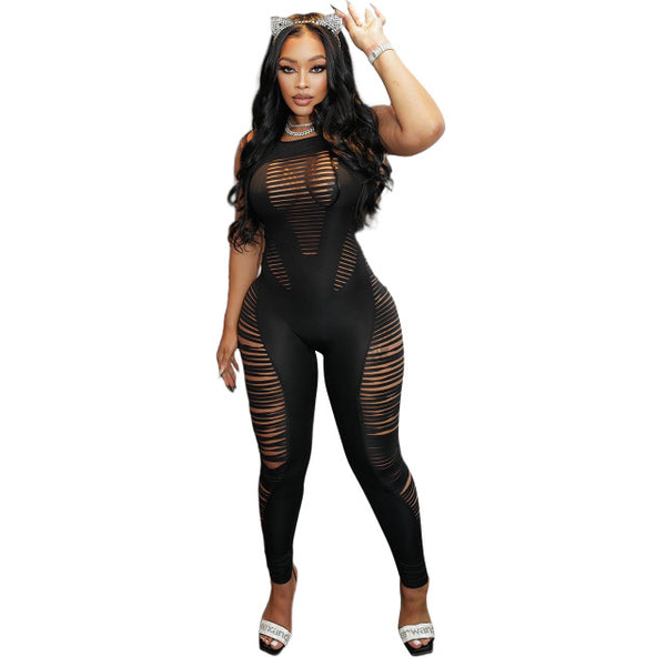 Cut Out Jumpsuit Women Sexy Sproty Sleeveless Tank Top See Through Hole Leggings Skinny Club Romper One Piece Overalls Fitness - Divine Diva Beauty