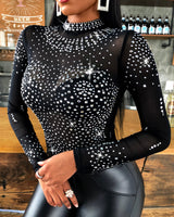 Women Shiny Studded Long Sleeve Bodysuit See Through Sexy Skinny Black Mesh