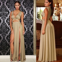 Sleeveless V-neck High Slit Hollow Out Bodycon Bandage Dress