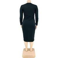 Women Long Sleeve Zipper V Neck Plus Size Bodycon Dress