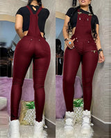 Buckled Zipper Suspender Jumpsuit Black PU Skinny Pencil Pants