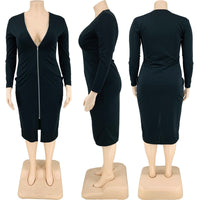 Long Sleeve Zipper V Neck Plus Size Bodycon Dress