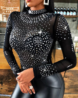 Sexy Glitter Shiny Rhinestone Bodycon Bodysuit Long Sleeve See Through