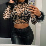 Sexy Mesh Leopard Printing Crop Top Long Sleeve Fluffy Cuff Bodycon See-through Pullover Basic Tees