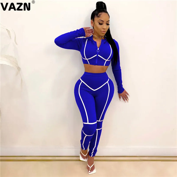 VAZN 2020 Striped Bandage Women Casual Shinny Outfit Two Pieces Set Full Sleeve O-neck Full Pant Sport Running Sets
