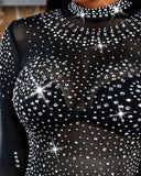 Women Shiny Studded Long Sleeve Bodysuit See Through Sexy Skinny Black Mesh