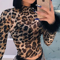 Sexy Mesh Leopard Printing Crop Top Long Sleeve Fluffy Cuff Bodycon See-through Pullover Basic Tees