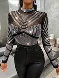 Sexy Glitter Shiny Rhinestone Bodycon Bodysuit Long Sleeve See Through