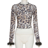 Sexy Mesh Leopard Printing Crop Top Long Sleeve Fluffy Cuff Bodycon See-through Pullover Basic Tees