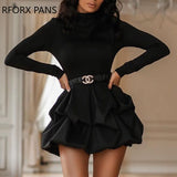 Solid Long Sleeve Mini Party Black Dress Women Dress