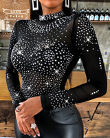 Women Shiny Studded Long Sleeve Bodysuit See Through Sexy Skinny Black Mesh