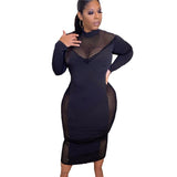 Plus Size Long Sleeve Black Dress Club Wear Mesh Dress