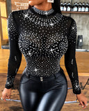 Women Shiny Studded Long Sleeve Bodysuit See Through Sexy Skinny Black Mesh
