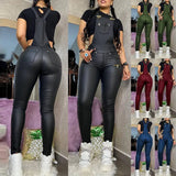 Buckled Zipper Suspender Jumpsuit Black PU Skinny Pencil Pants