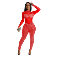 Sexy Mesh Sheer Rhinestone Bodycon Jumpsuit