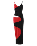 Fashion V-Neck Sweet Colorblock Patchwork Cutout Bodycon Maxi Dress