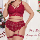 Plus Size Women Lingerie Set Floral Lace Bra Hollow Out Thong Garter