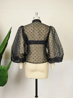 Women Transparent Shirt Polka Dot Tops Blouse with Lantern Sleeves See Through Sexy Button up Shirt