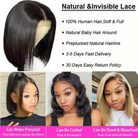 Indian Hair Straight Short Bob Wigs Lace Front Human Hair Wig 13x4 Transparent Lace Pre Plucked Frontal Wigs for Women Free Part