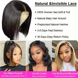 Indian Hair Straight Short Bob Wigs Lace Front Human Hair Wig 13x4 Transparent Lace Pre Plucked Frontal Wigs for Women Free Part