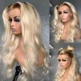 180 Density 26 Inch Long Body Wave Ombre Blonde 613 Lace Front Wig  BabyHair Glueless Preplucked Synthetic