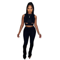 Solid Two Piece Set Women Sexy Hollow Out Crop Top And Flare Pants
