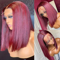 Straight Short Bob Human Hair Wig Blunt Cut Bone Straight Lace Frontal Wigs Burgundy 99J Lace Front Bob Wig Straight