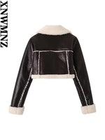 Warm Faux Shearling Crop Jacket Coat Vintage Long Sleeve Zipper Female Outerwear