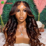 Ombre Ginger Brown Colored 13x6 HD Transparent Lace Frontal Wig Wave Pre-Plucked 12A Grade Lace Closure Human Hair Wig For Women