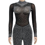 Sexy Mesh Sheer Rhinestone Bodycon Jumpsuit bodysuit See Through One Piece Outfits Night Club Rompers