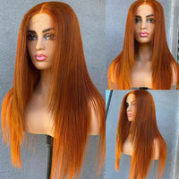Preplucked Soft 180%Density 26Inch Orange Silky Straight Long Natural Hairline Glueless Lace Front Wig Babyhair