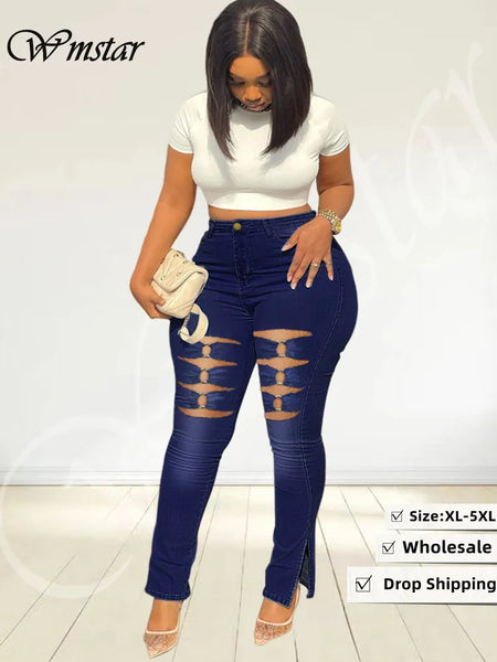 Wmstar Plus Size Super Stretch Jeans Women High Waist Denim Pencil Pants Fashion Ripped Bottoms Leggings Wholesale Dropshipping