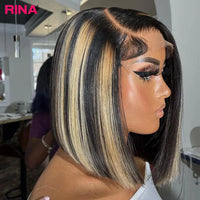 Highlight Blonde Color Bob Short Wig 180 Density 13x4 Lace Frontal Human Hair Wigs For Black Women Straight Transparent Lace Wig