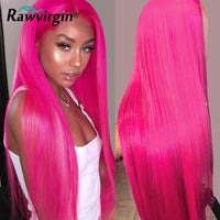 32 34 inch Hot Pink Wig 13x6 HD Transparent Lace Front Wigs Human Hair Wig Colored Straight 13x4 Lace Frontal
