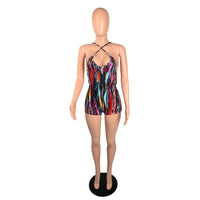 Womens Backless Suspenders Multicolor Print Bodysuits Tribal Romper Summer Fashion Sleeveless Stretch Slim Jumpsuits