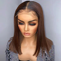180 Density Short Bob Soft Ombre Dark Brown Silky Straight Lace Front Wig  BabyHair Glueless Preplucked Synthetic