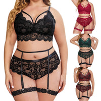 Plus Size Women Lingerie Set Floral Lace Bra Hollow Out Thong Garter