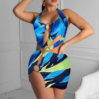 Colorful Print Slit Cut Out Dress Women Sexy Hallow Out Halter Mini Bodycon Dress Summer Beach Dress